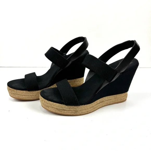 TORY BURCH Solid Black Two Band Canvas Espadrille Wedge Platform Sandals Sz 10.5 - Picture 4 of 9